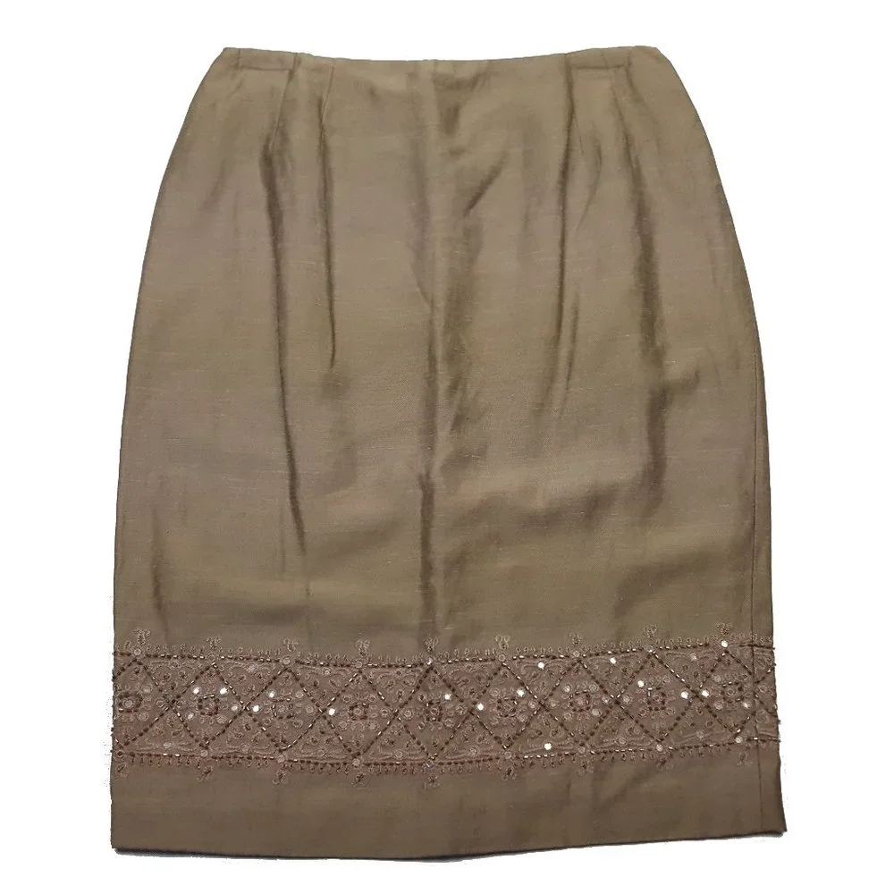 NEW Anne Klein Rhinestone Pencil Skirt, Women's Size 10, Brown Linen Blend - Picture 1 of 5
